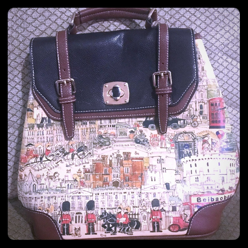 BeiBaoBao - Faux Leather Contrast Trim Print